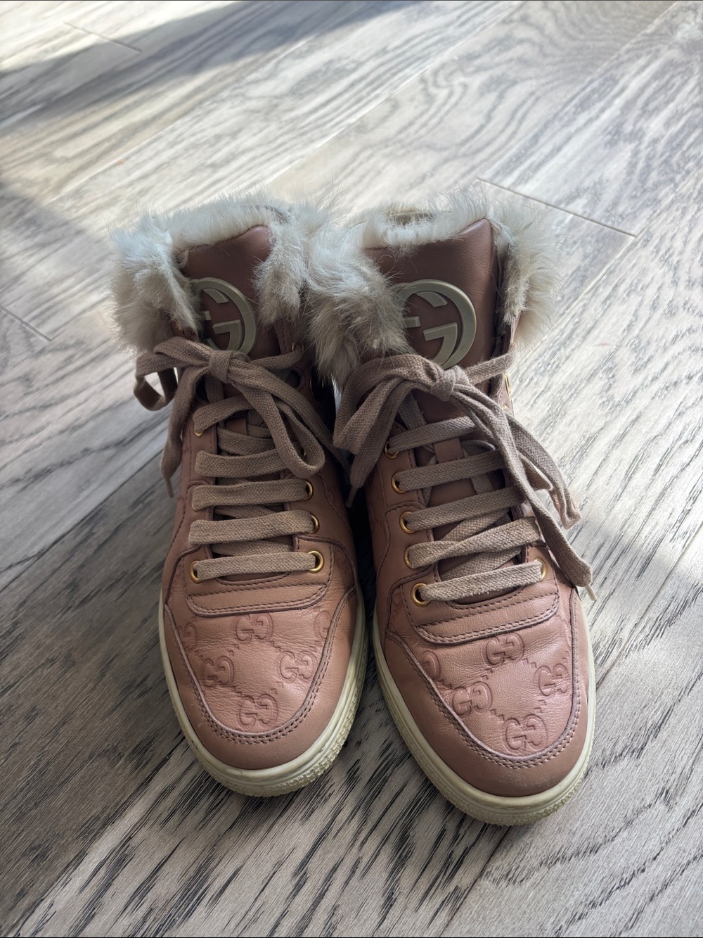 Gucci Brownish Pink Fur-Trim High-Top Sneakers